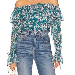 House of Harlow 1960 Teal Floral Off-Shoulder Blouse